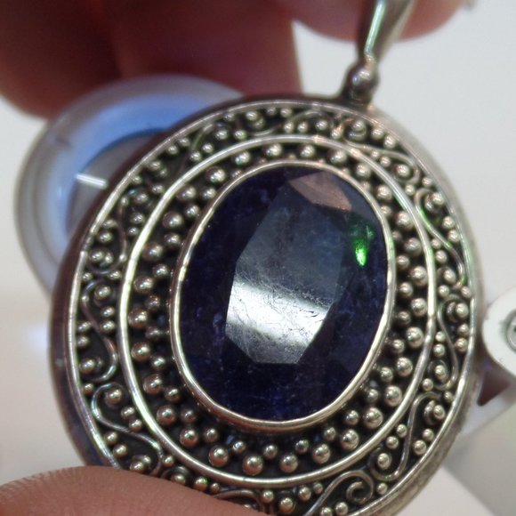 Samuel B Stamped 9.25 Sterling BJC Caviar Detailing Bold Pendant Blue Stone - Picture 6 of 12